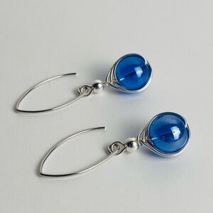 Artisan Crafted Wire Wrapped Blue Iridescent Glass Bead Dangle Earrings